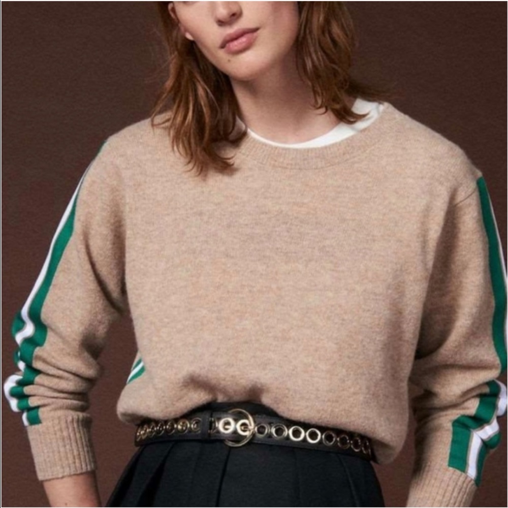 Sandro amour tan brown green white stripe long sleeves crewneck wool sweater top - Picture 5 of 13